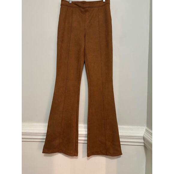 Spanx Faux Suede Pants High Waist Flare Pull On Caramel Large Seamed NEW - Picture 2 of 6
